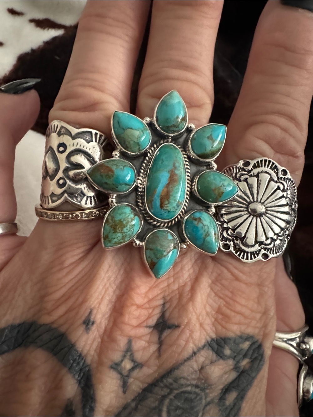 Turquoise Cluster Floral 925 Silver-Statement Ring - Women Jewelry